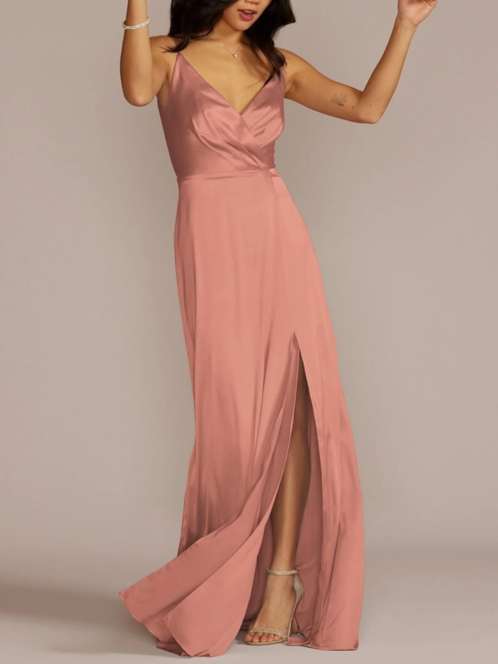 Satin V-Neck Spaghetti Strap, Cowl Back Dress